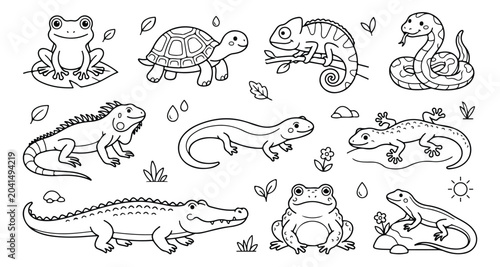 Quadro em tela Cute reptile and amphibian coloring page vector set, 10 cartoon animal line art