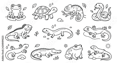 Fotografi Cute reptile and amphibian line art collection, 11 cartoon animal vector icons,