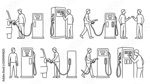 Fotografía Minimalist gas station line icons, people refueling cars at petrol pump stations