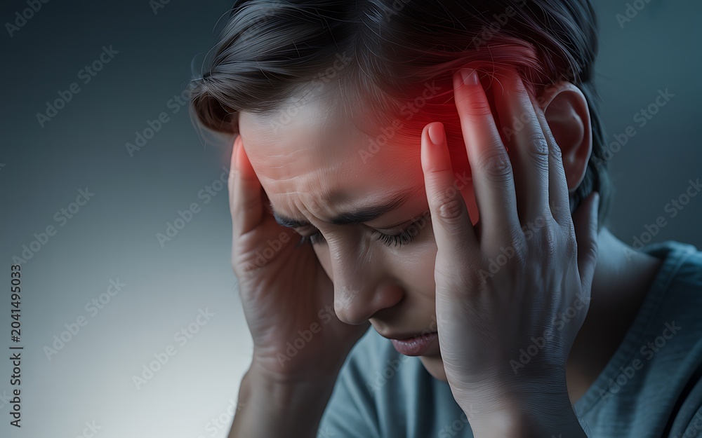 Fototapeta premium Young man with hands on temples experiencing a throbbing headache with red glow.