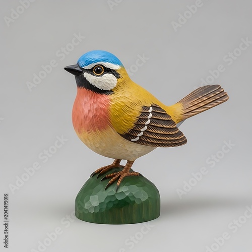 Hand-carved wooden bird figurine with blue head and yellow body.