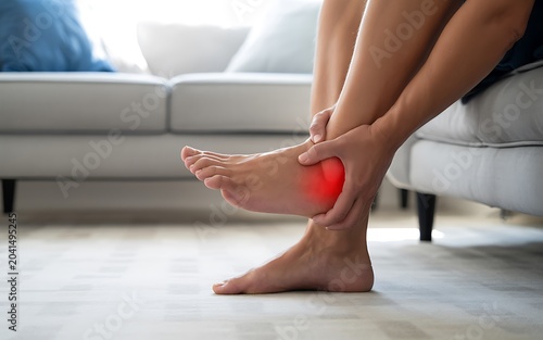 Woman massaging sore heel with red spot indicating inflammation or plantar fasciitis.