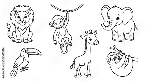 Photography Cute safari animals coloring page set, 6 black and white jungle animal line art