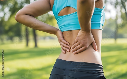 Woman holding lower back in pain during outdoor exercise, muscle ache.