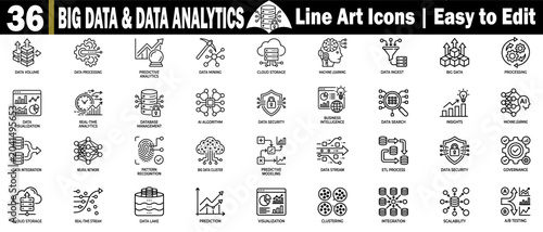 Big data and data analytics line art icons. Featuring business, intelligence software development, and cloud technologies.