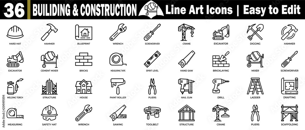 Naklejka premium Building and construction line art icons set for architectural design, industrial engineering, and renovation work tools.