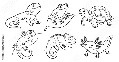Bild auf Leinwand Cartoon reptile and amphibian line art collection, 6 cute animal vector icons, b