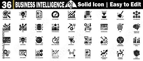 Cuadro en lienzo Business intelligence icons set for data analytics reporting, performance monitoring, mining, and management