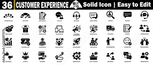 Customer experience solid icon pack. Contains customer ratings, nps score, user surveys, live chat, help desk, and others.