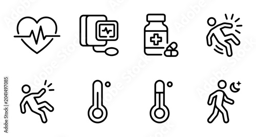 Foto Medical Health Icons Set, Cardiology Heartbeat, Blood Pressure Monitor, Pills Bo