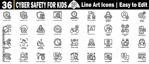 Cyber safety for kids line art icons set. Including parent control, digital footprint safe browsing, and online manners symbols.