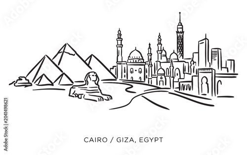 Foto Cairo Giza Egypt Landmark Line Art, Great Pyramids and Sphinx Vector Scene