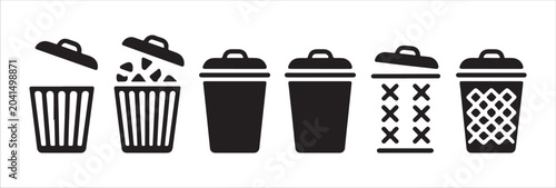 Tableau sur toile Six black trash can icons with lids and different fill patterns on gray background