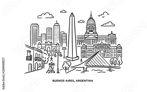 Tableau sur toile Buenos Aires Argentina Skyline Line Art, Obelisk Plaza de Mayo Vector Layout