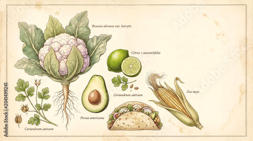  Scientific drawing showing cauliflower, avocado, lime, cilantro and corn. Botanical illustration of ingredients used to prepare a taco.