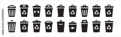 Canvastavla Garbage bin vector icons set with diverse designs including wire mesh and lidded styles for waste disposal