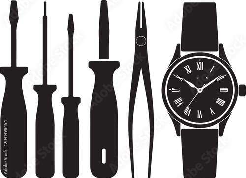 Watch Repair Tools Silhouette Set Workshop Vector
