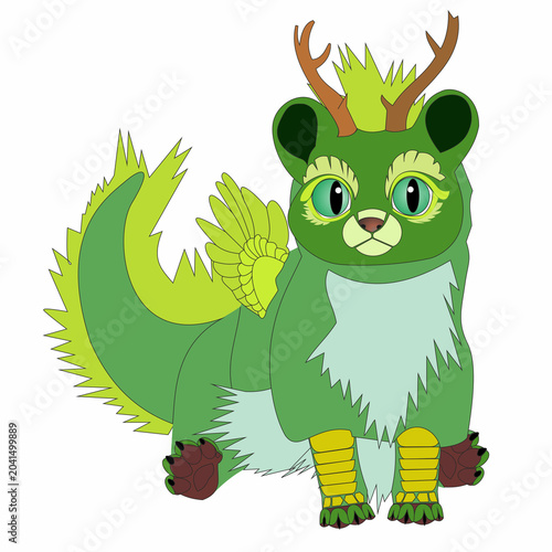 Adorable green fantasy forest creature with antlers, fluffy tail and large expressive eyes. Cute cartoon animal character in vector style, suitable for children's books, games, stickers and educationa
