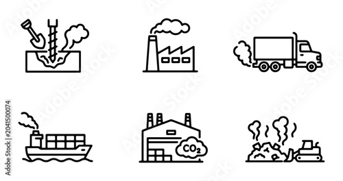Schilderij op canvas Industrial Pollution Icons Set: Factory, Truck, Ship, Drilling, Landfill, CO2 Em