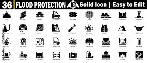 Tableau sur toile Flood protection solid icons for disaster prevention and emergency preparedness, are essential tools for safety