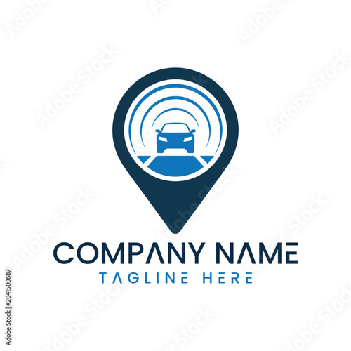 Modern car location pin logo design with signal waves