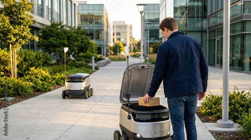 Man loading package into autonomous delivery robot on sidewalk, self-driving vehicle transporting goods in modern city