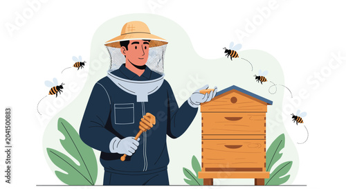 Experienced beekeeper wearing protective gear and a veiled hat stands next to a wooden beehive while holding a honey dipper with bees flying.