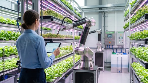 Agricultural technician monitoring automated robotic arm in vertical indoor farm with LED grow lights