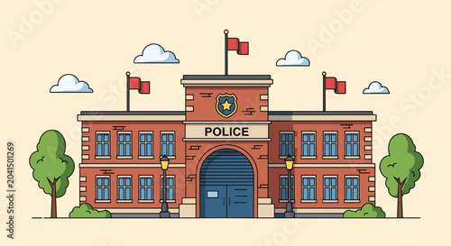 Traditional two story brick police station building with blue doors, red flags, and a central shield emblem in a suburban area.