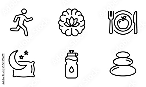 Foto Wellness Icons Set: Running, Brain, Nutrition, Sleep, Hydration, Balance, Health