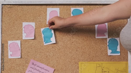 Hand placing head silhouettes on corkboard Psychological mapping, connecting people, team structure and demographics, human resources, leadership, psychology, creative brainstorming, Gender balance