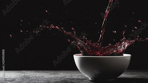 Red liquid splashing into a white bowl.