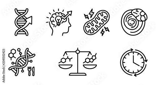 Bild auf Leinwand Science Icons Set: DNA, Brainstorming, Mitochondria, Brain, Molecules, Balance,