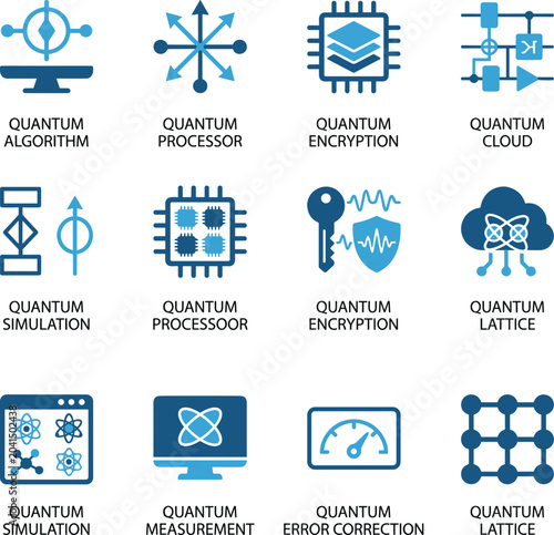 Quantum computing icon set with 12 vector symbols, blue technology icons for quantum algorithm and processor, flat encryption and cloud data graphics