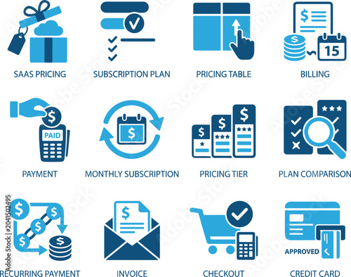 SaaS pricing and subscription plan icon set, 12 blue flat vector icons for billing and payment, monthly recurring revenue and invoice symbols