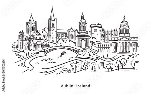 Obraz na plátne Dublin Ireland City Landmarks Line Art, Ha'penny Bridge River Liffey Layout