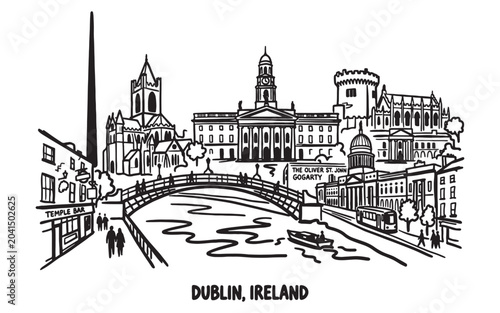 Photography Dublin Ireland City Landmarks Line Art, Ha'penny Bridge River Liffey Layout
