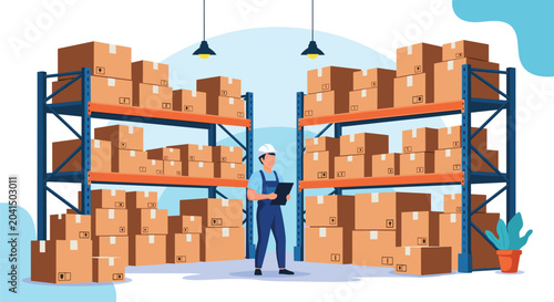 Warehouse worker in a hard hat and blue overalls holds a clipboard while standing between tall shelves packed with brown cardboard boxes.