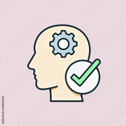 A conceptual illustration of a human head with a gear and a check mark