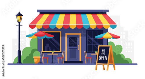 Exterior view of a cozy local coffee shop or bakery with colorful awnings, outdoor tables, and an open sign.