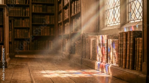 Sunbeams illuminating a dusty library filled with antique books.