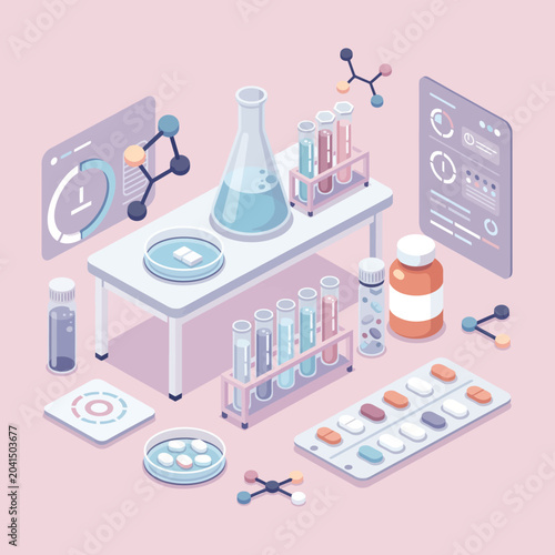 Isometric illustration of laboratory equipment and medical supplies on a table