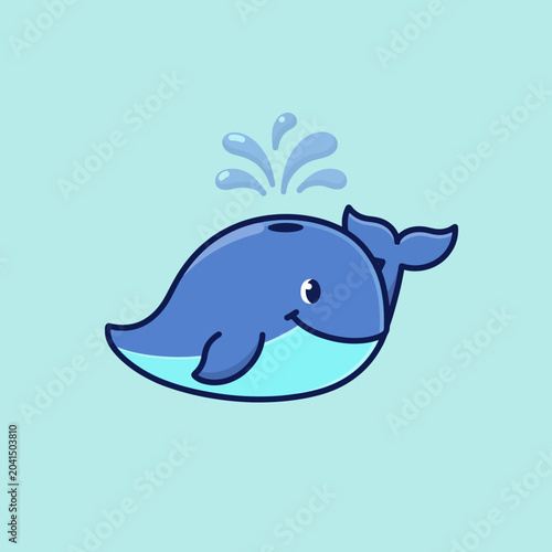 Obraz na płótnie A happy cartoon whale is spouting water in a light blue background