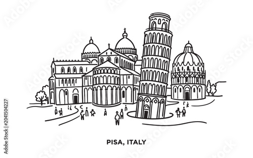 Obraz na plátně Leaning Tower of Pisa Italy Line Art, Piazza dei Miracoli Architecture Design