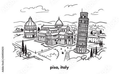 Bild auf Leinwand Leaning Tower of Pisa Italy Line Art, Piazza dei Miracoli Architecture Design