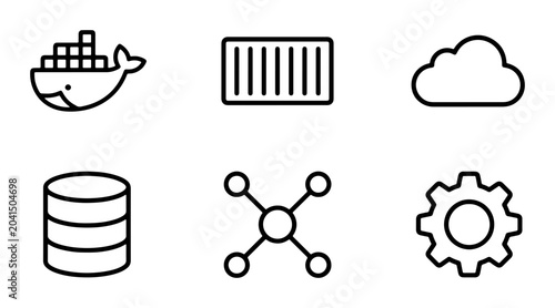 Fotografia Technology Icons: Docker Whale, Shipping Container, Cloud, Database, Network, Gear