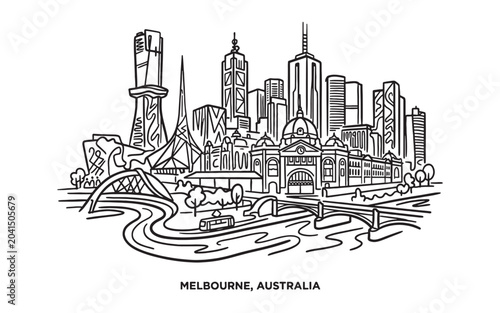 Photos Melbourne Australia Skyline Landscape Line Art, Yarra River Minimalist Design