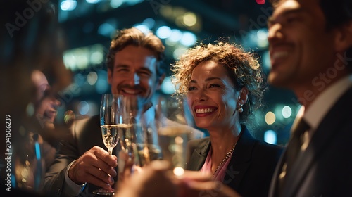 Diverse group celebrates, toasting with champagne glasses, smiling, city backdrop, evening