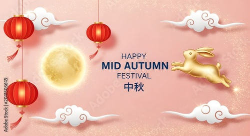Golden rabbit jumping over clouds with red lanterns and full moon in festive Mid Autumn Festival banner Mid-Autumn Festival