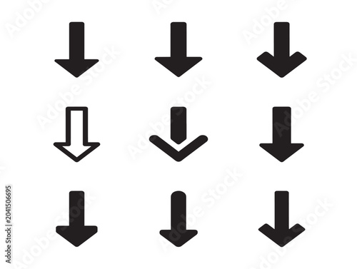 Set of Nine Black Downward Arrows in Grid Layout Line Art Vector Icons